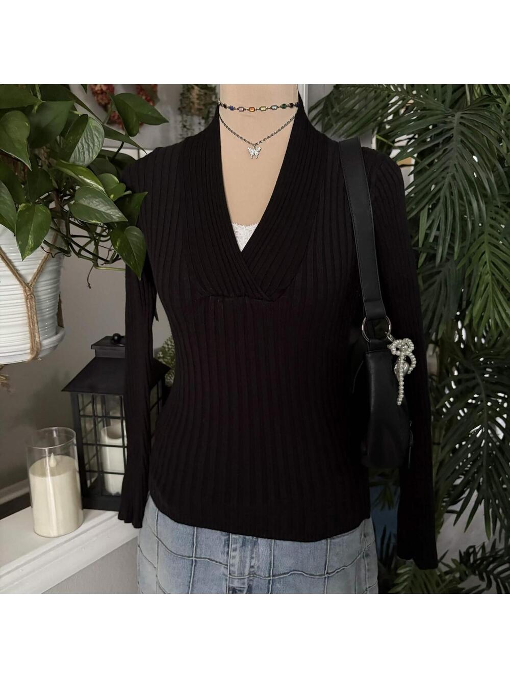 black ribbed long sleeve top